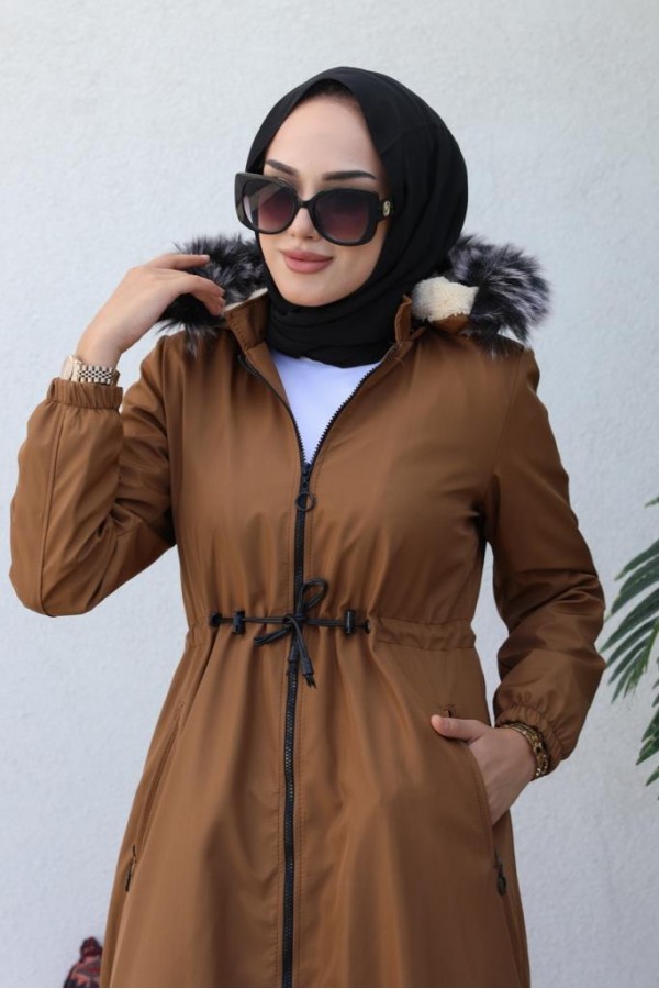 İçi Kürklü Kapüşonlu Uzun Bondit Kaban Taba 9502 İçi Kürklü Kapüşonlu Uzun Bondit Kaban Taba 9502