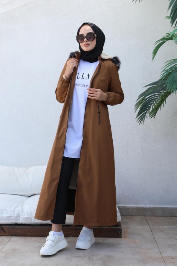 İçi Kürklü Kapüşonlu Uzun Bondit Kaban Taba 9502 İçi Kürklü Kapüşonlu Uzun Bondit Kaban Taba 9502