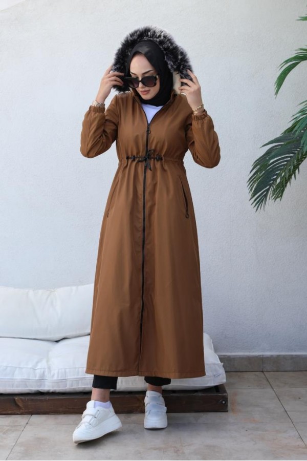 İçi Kürklü Kapüşonlu Uzun Bondit Kaban Taba 9502 İçi Kürklü Kapüşonlu Uzun Bondit Kaban Taba 9502