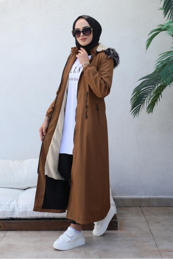 İçi Kürklü Kapüşonlu Uzun Bondit Kaban Taba 9502 İçi Kürklü Kapüşonlu Uzun Bondit Kaban Taba 9502