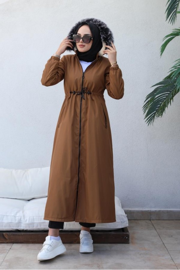 İçi Kürklü Kapüşonlu Uzun Bondit Kaban Taba 9502 İçi Kürklü Kapüşonlu Uzun Bondit Kaban Taba 9502