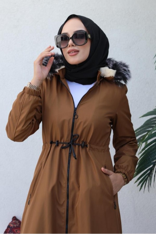 İçi Kürklü Kapüşonlu Uzun Bondit Kaban Taba 9502 İçi Kürklü Kapüşonlu Uzun Bondit Kaban Taba 9502