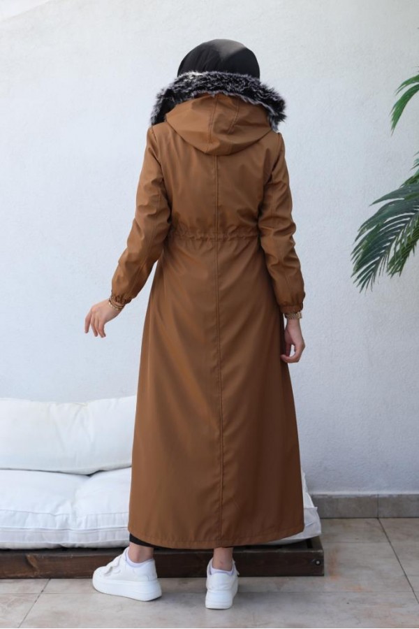 İçi Kürklü Kapüşonlu Uzun Bondit Kaban Taba 9502 İçi Kürklü Kapüşonlu Uzun Bondit Kaban Taba 9502