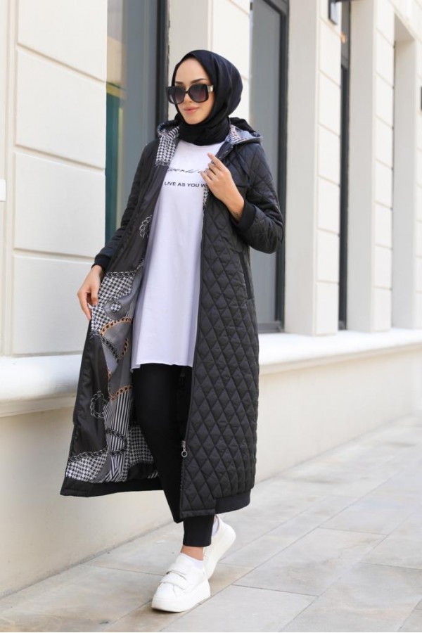  Kapitone Tesettür Mont Siyah 9506