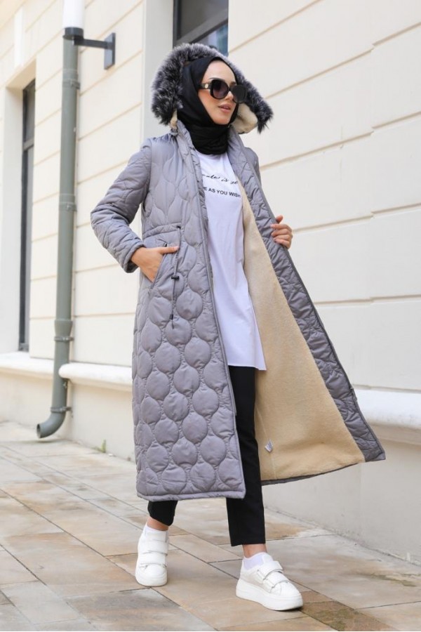 İçi Kürklü Kapitone Kaban Gri 9503 İçi Kürklü Kapitone Kaban Gri 9503