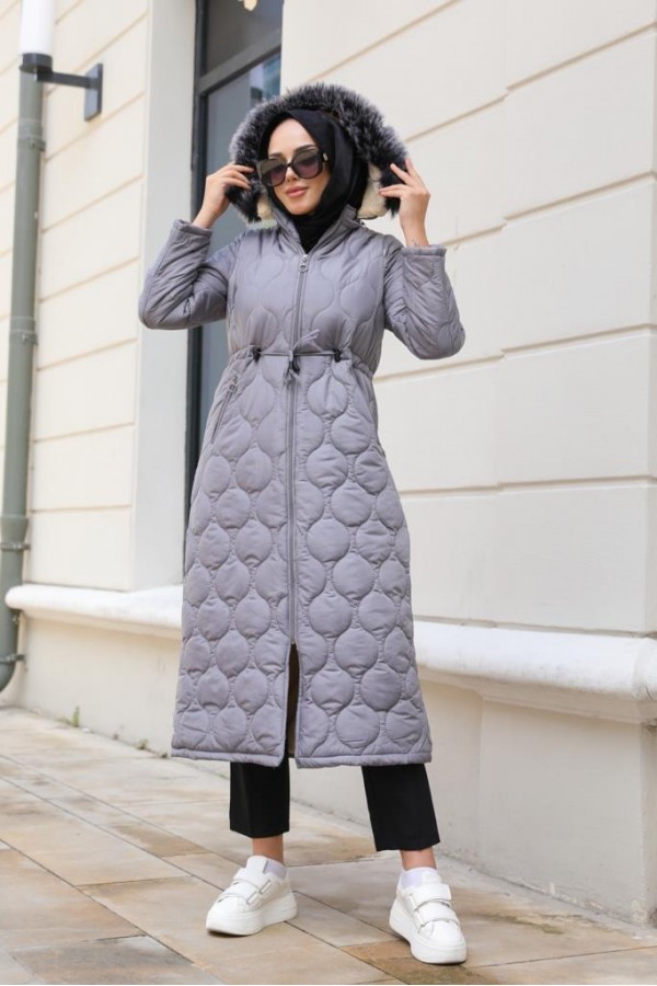 İçi Kürklü Kapitone Kaban Gri 9503 İçi Kürklü Kapitone Kaban Gri 9503