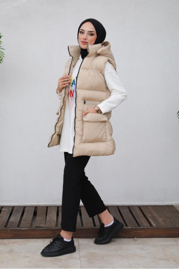  Kapüşonlu Şişme Yelek Bej 1390