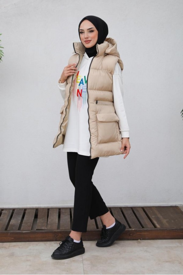  Kapüşonlu Şişme Yelek Bej 1390