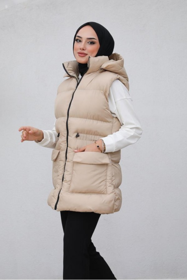 Kapüşonlu Şişme Yelek Bej 1390