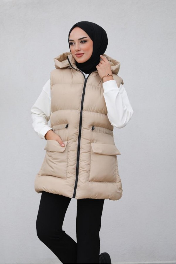  Kapüşonlu Şişme Yelek Bej 1390