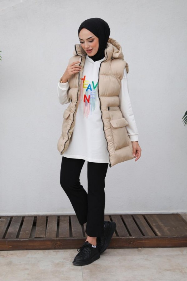  Kapüşonlu Şişme Yelek Bej 1390