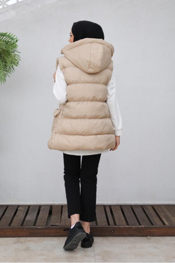  Kapüşonlu Şişme Yelek Bej 1390