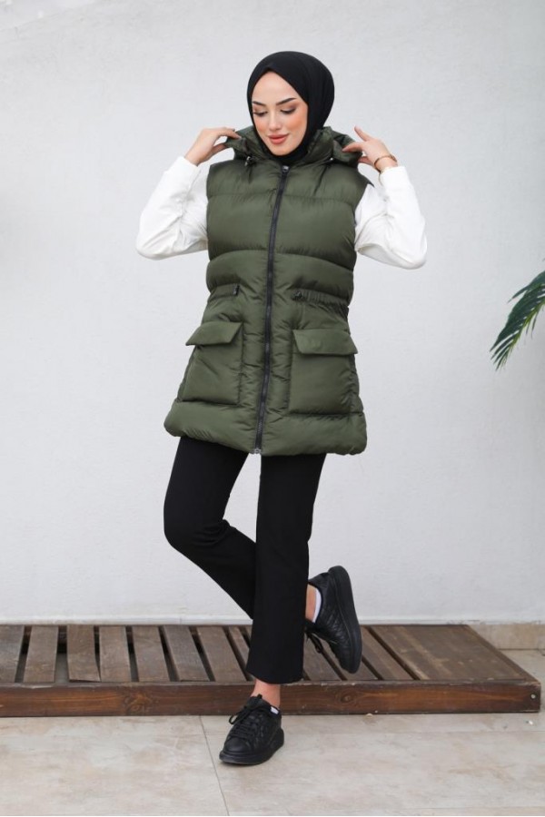  Kapüşonlu Şişme Yelek Haki 1390