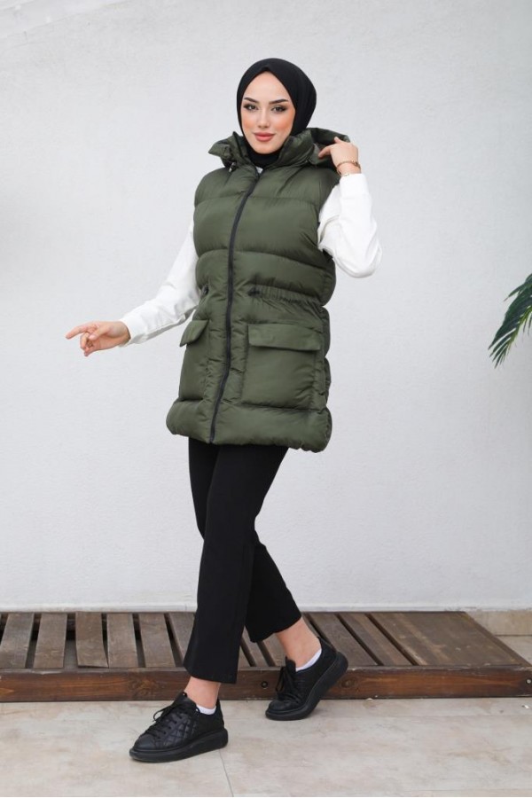  Kapüşonlu Şişme Yelek Haki 1390