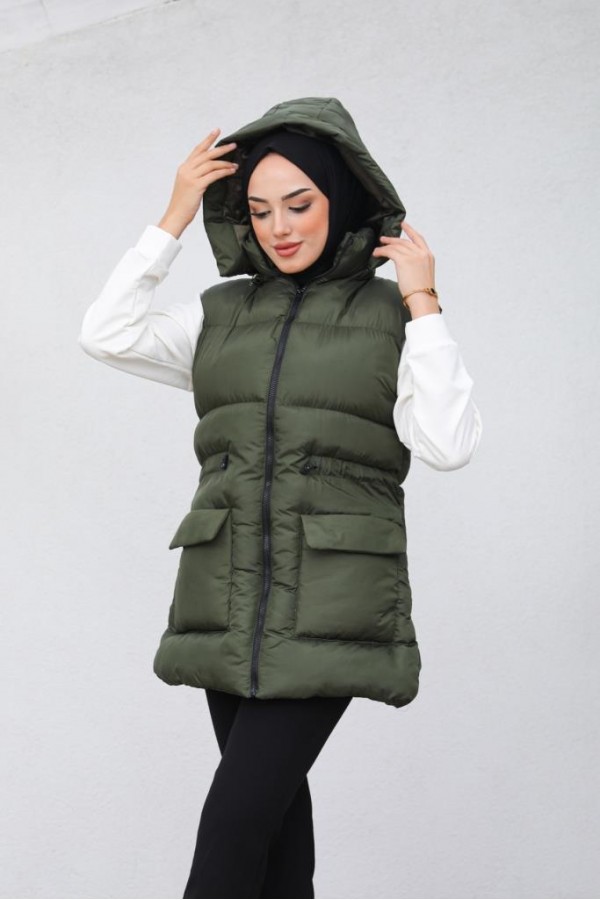  Kapüşonlu Şişme Yelek Haki 1390