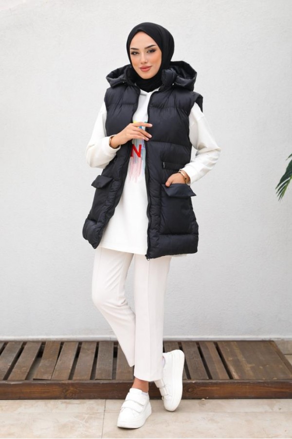  Kapüşonlu Şişme Yelek Siyah 1390