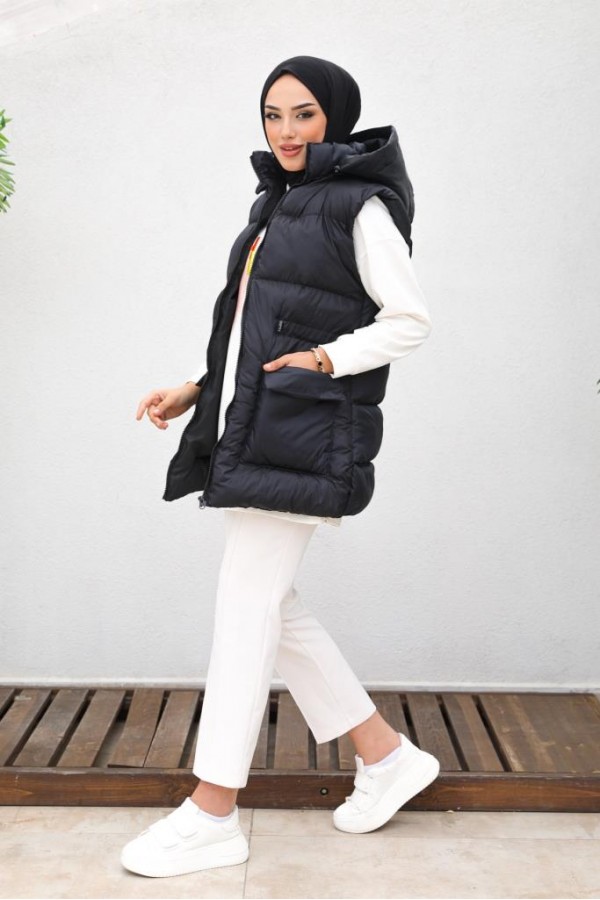  Kapüşonlu Şişme Yelek Siyah 1390