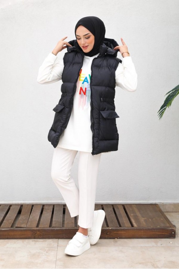  Kapüşonlu Şişme Yelek Siyah 1390