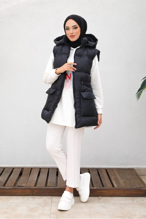  Kapüşonlu Şişme Yelek Siyah 1390