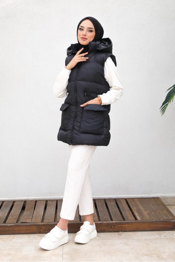  Kapüşonlu Şişme Yelek Siyah 1390