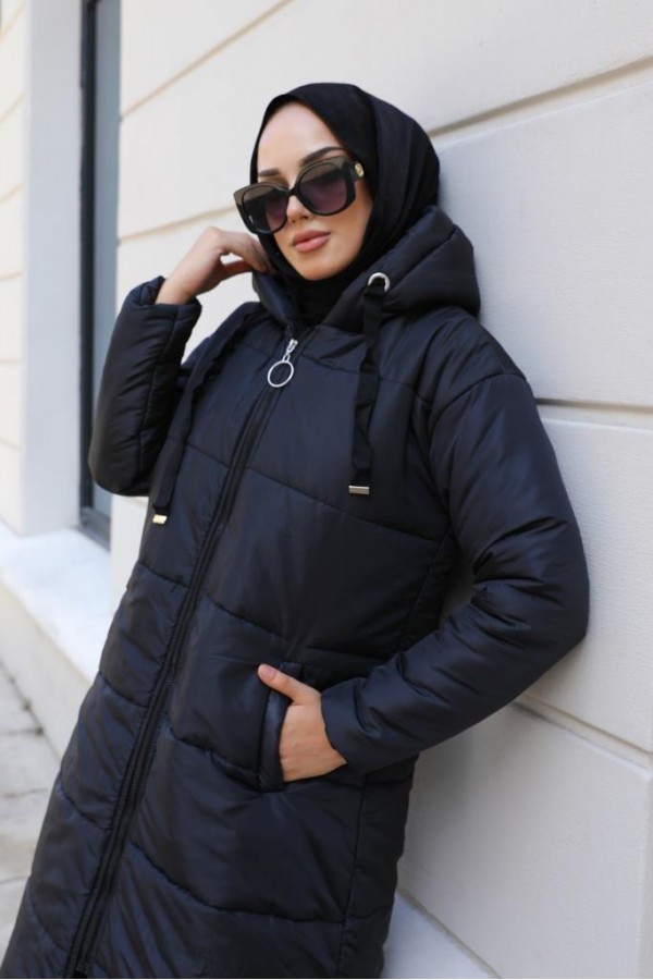  Kapüşonlu Şişme Tesettür Mont Siyah 5120