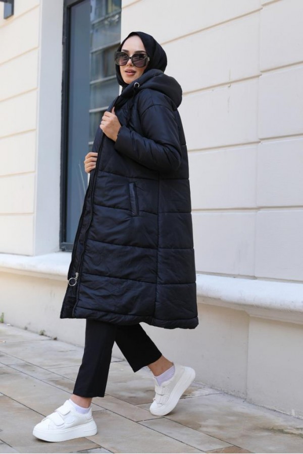  Kapüşonlu Şişme Tesettür Mont Siyah 5120