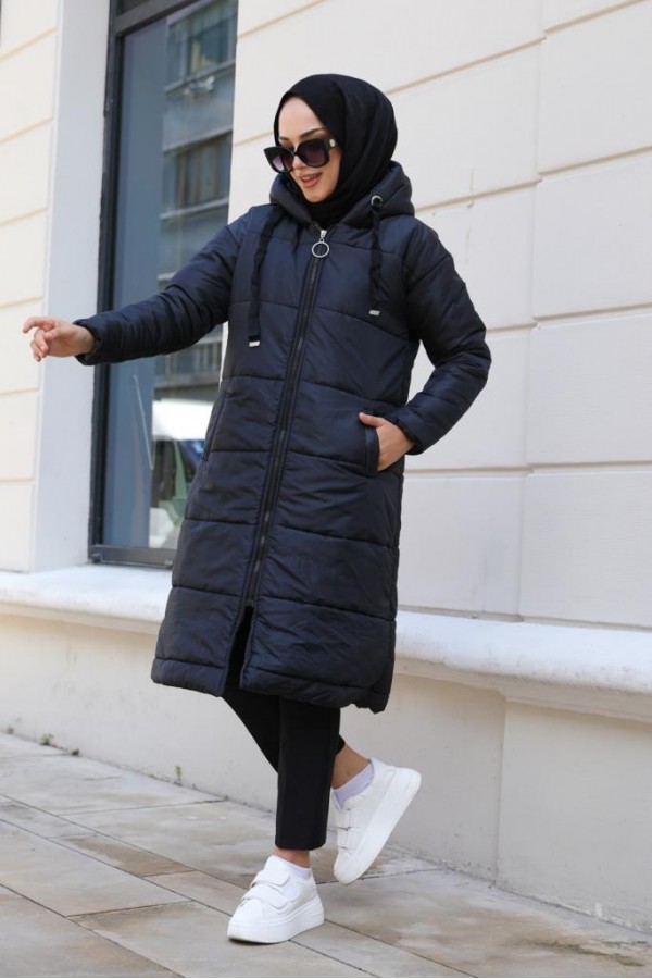  Kapüşonlu Şişme Tesettür Mont Siyah 5120