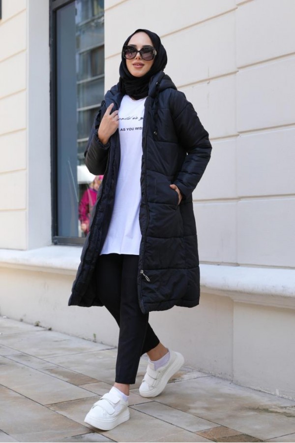  Kapüşonlu Şişme Tesettür Mont Siyah 5120