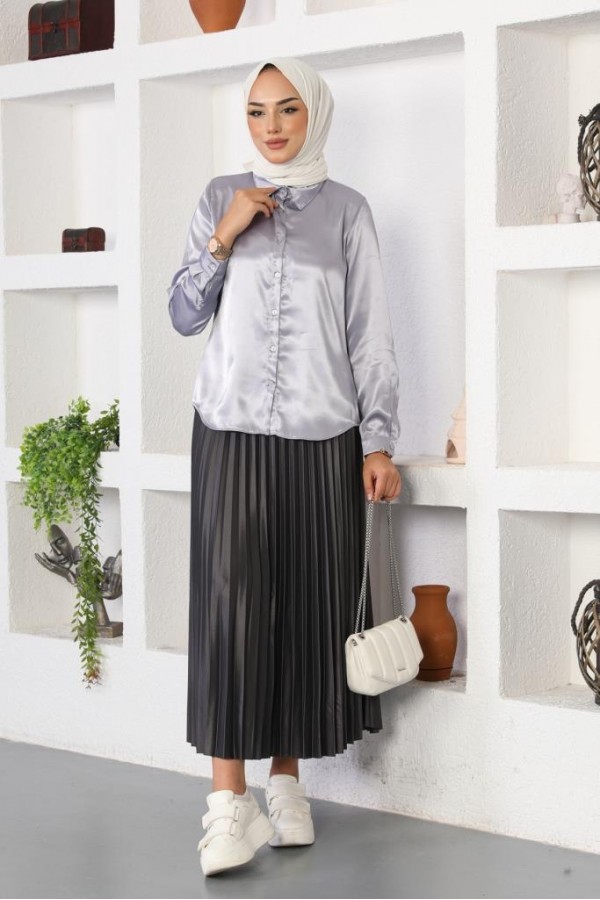  Tesettür Saten Gömlek Gri 3964