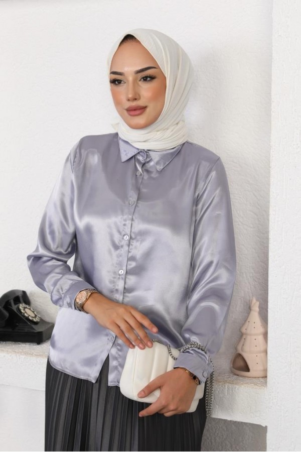  Tesettür Saten Gömlek Gri 3964