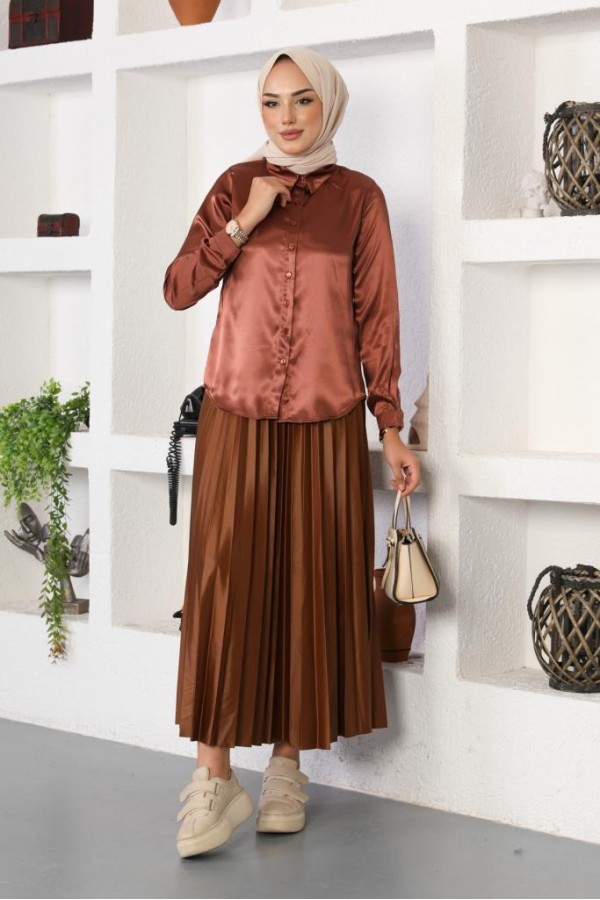  Tesettür Saten Gömlek Kahve 3964