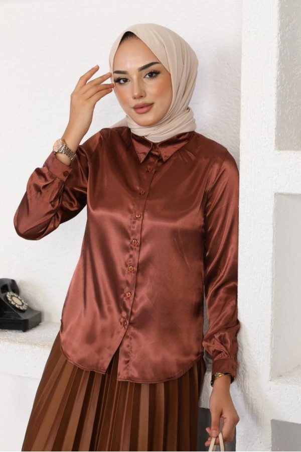  Tesettür Saten Gömlek Kahve 3964