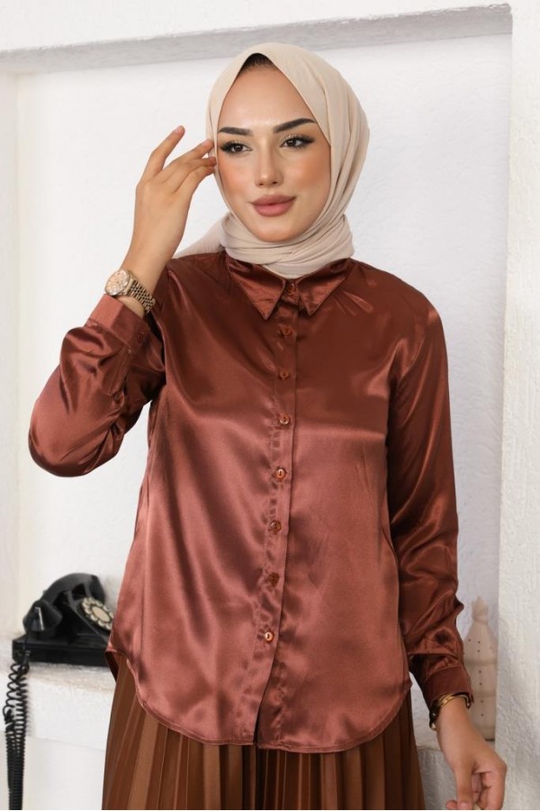  Tesettür Saten Gömlek Kahve 3964