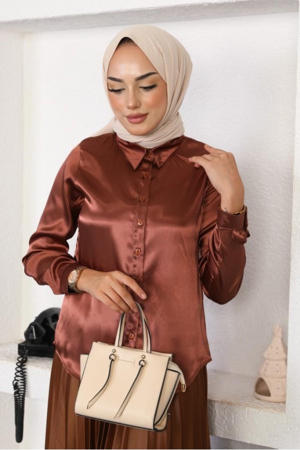 Tesettür Saten Gömlek Kahve 3964