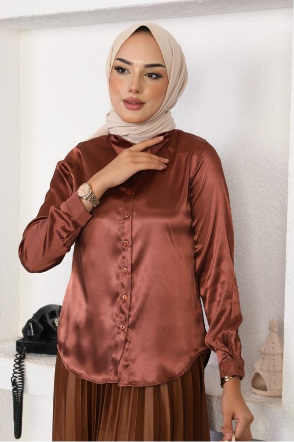  Tesettür Saten Gömlek Kahve 3964
