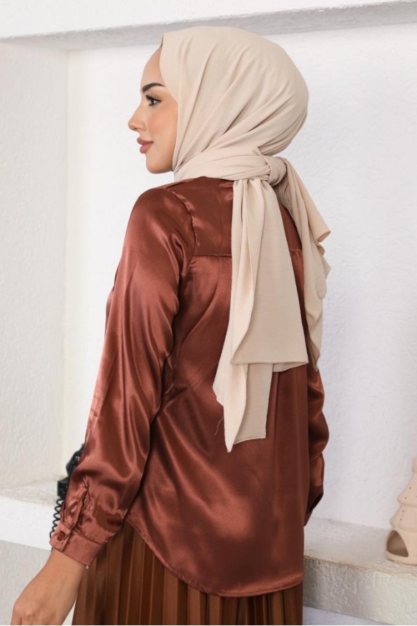  Tesettür Saten Gömlek Kahve 3964