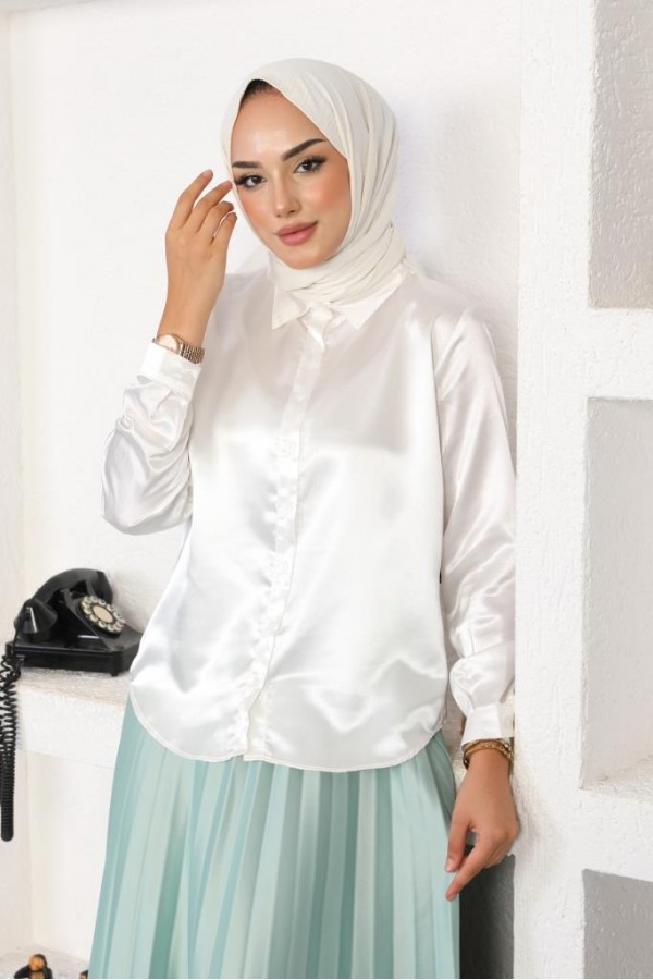 Tesettür Saten Gömlek Beyaz 3964 Tesettür Saten Gömlek Beyaz 3964