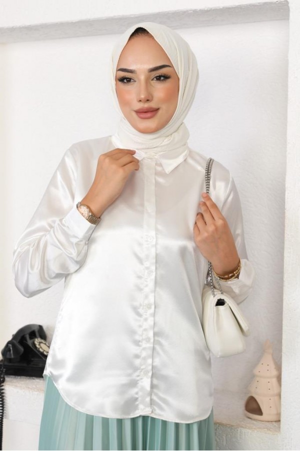 Tesettür Saten Gömlek Beyaz 3964 Tesettür Saten Gömlek Beyaz 3964