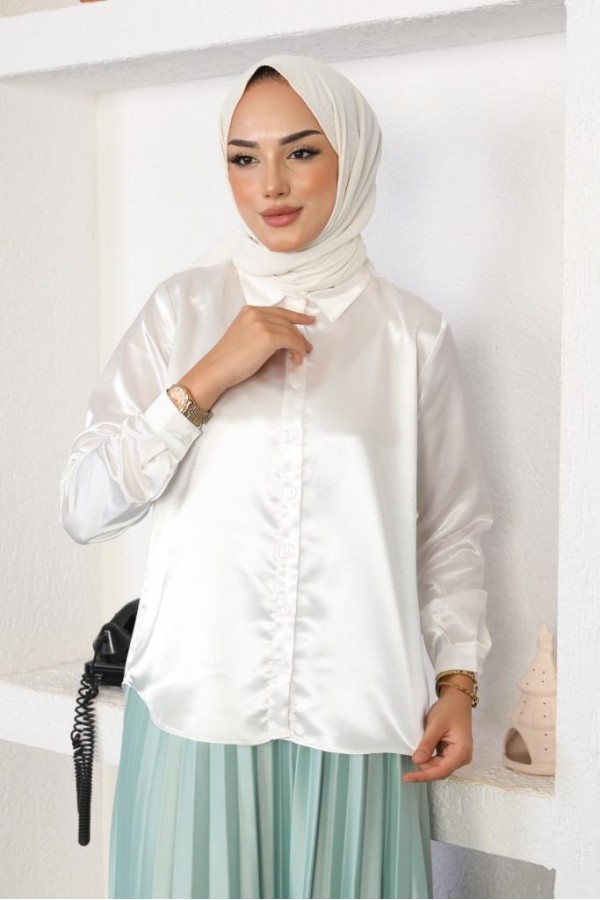 Tesettür Saten Gömlek Beyaz 3964 Tesettür Saten Gömlek Beyaz 3964