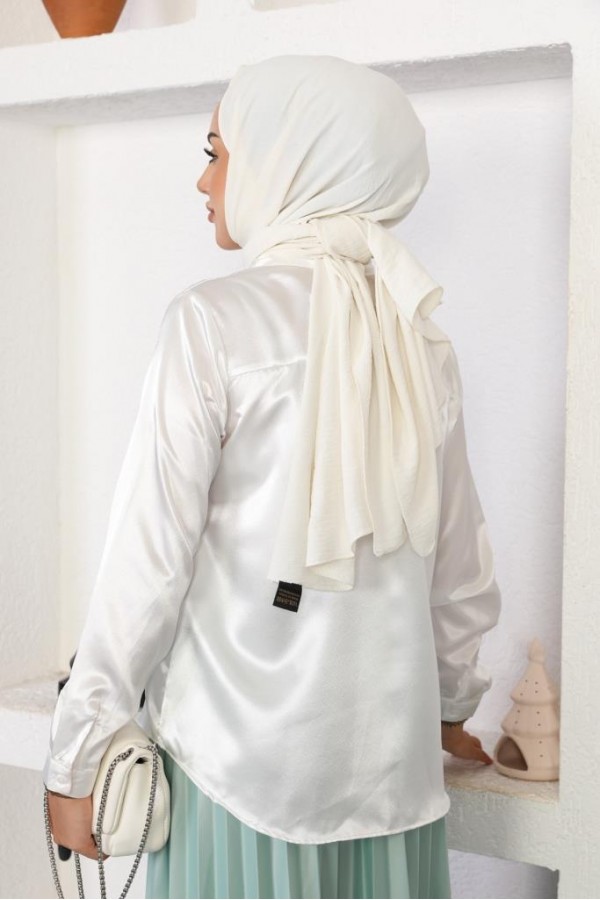 Tesettür Saten Gömlek Beyaz 3964 Tesettür Saten Gömlek Beyaz 3964