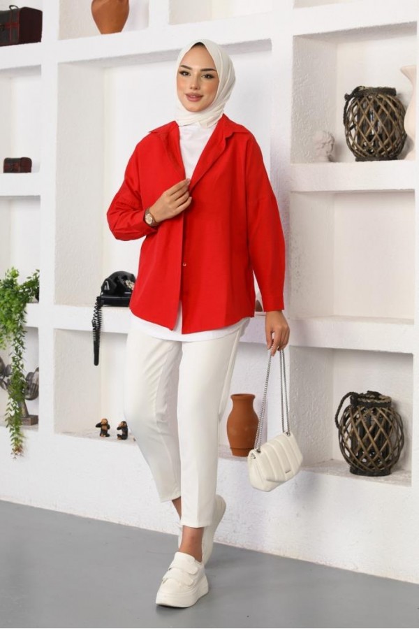  Klasik Tesettür Gömlek Kırmızı 3900