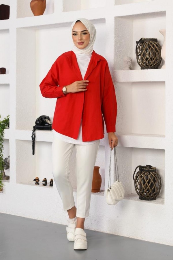  Klasik Tesettür Gömlek Kırmızı 3900