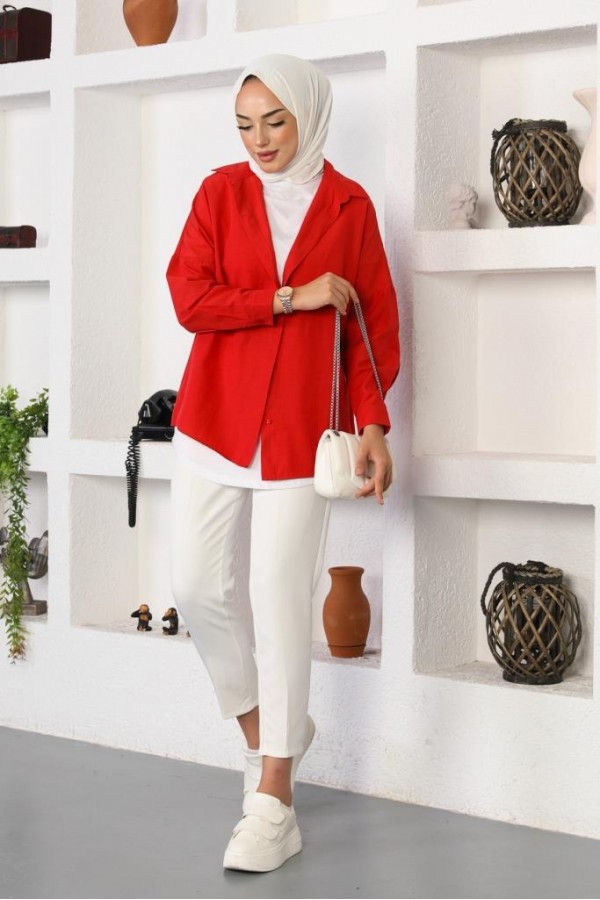  Klasik Tesettür Gömlek Kırmızı 3900