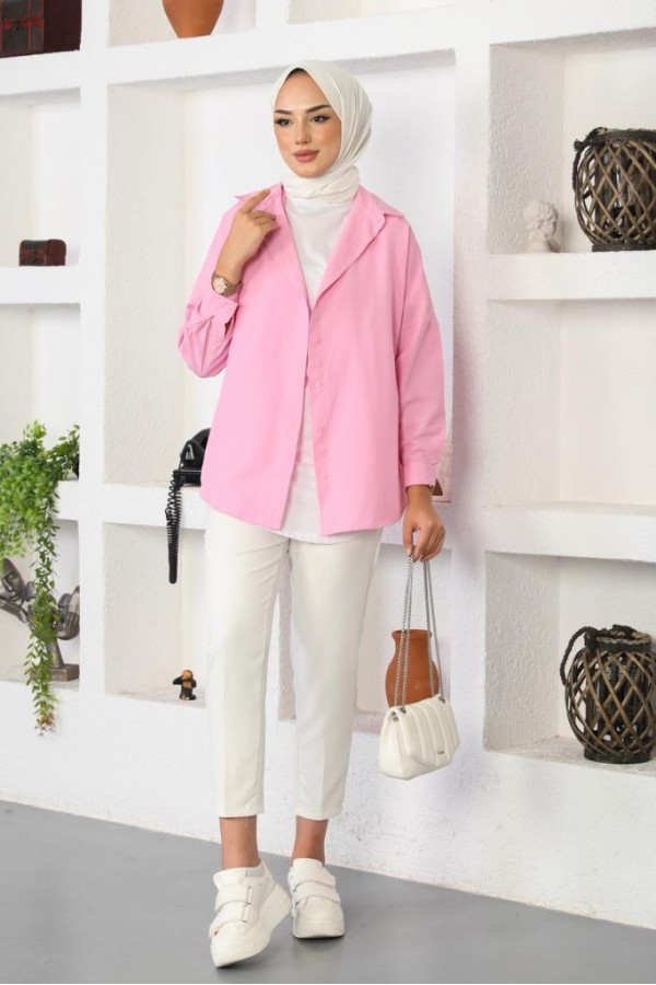  Klasik Tesettür Gömlek Pudra 3900