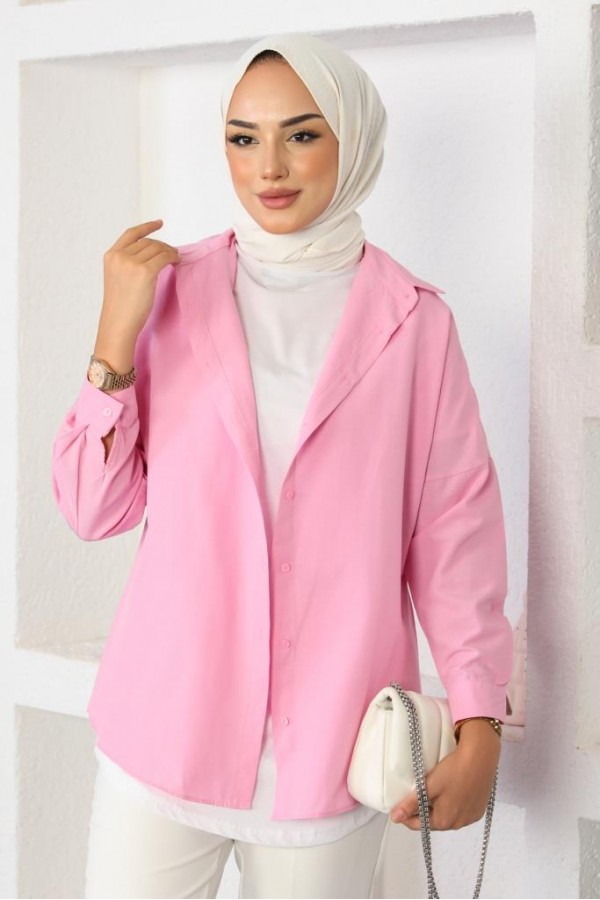  Klasik Tesettür Gömlek Pudra 3900