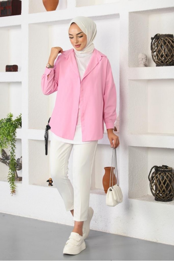  Klasik Tesettür Gömlek Pudra 3900