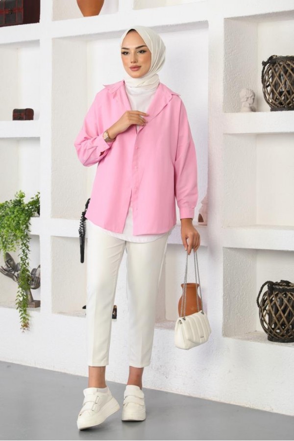  Klasik Tesettür Gömlek Pudra 3900
