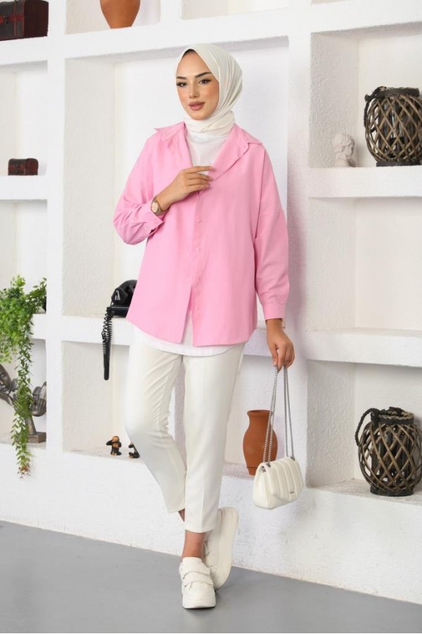  Klasik Tesettür Gömlek Pudra 3900