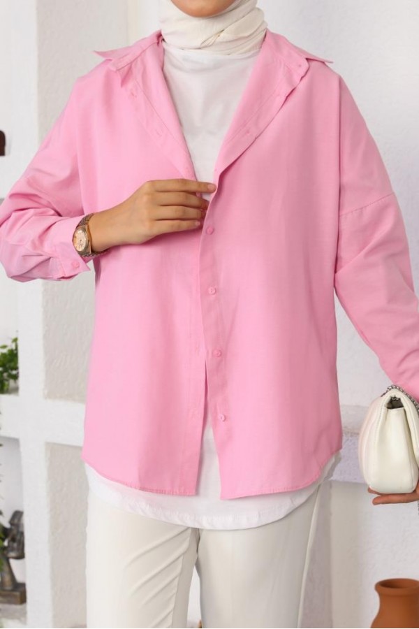  Klasik Tesettür Gömlek Pudra 3900