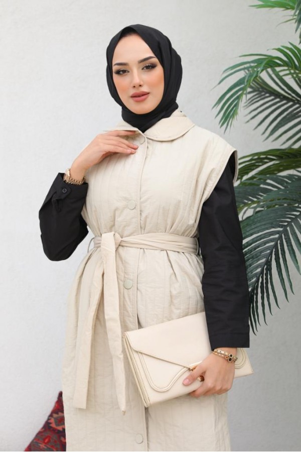  Çıtçıtlı Dikey Çizgili Kapitone Yelek Bej 88005